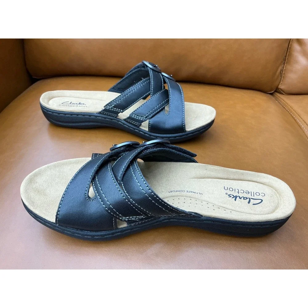 Clarks Laurieann Opal Sandals Womens 8 Black New Leather Slide Buckle